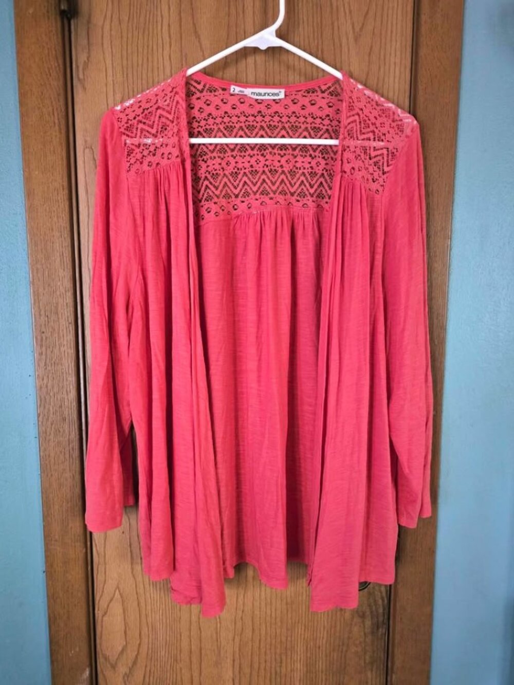 Plus Size 2 Maurices Coral Colored Lace Cardigan